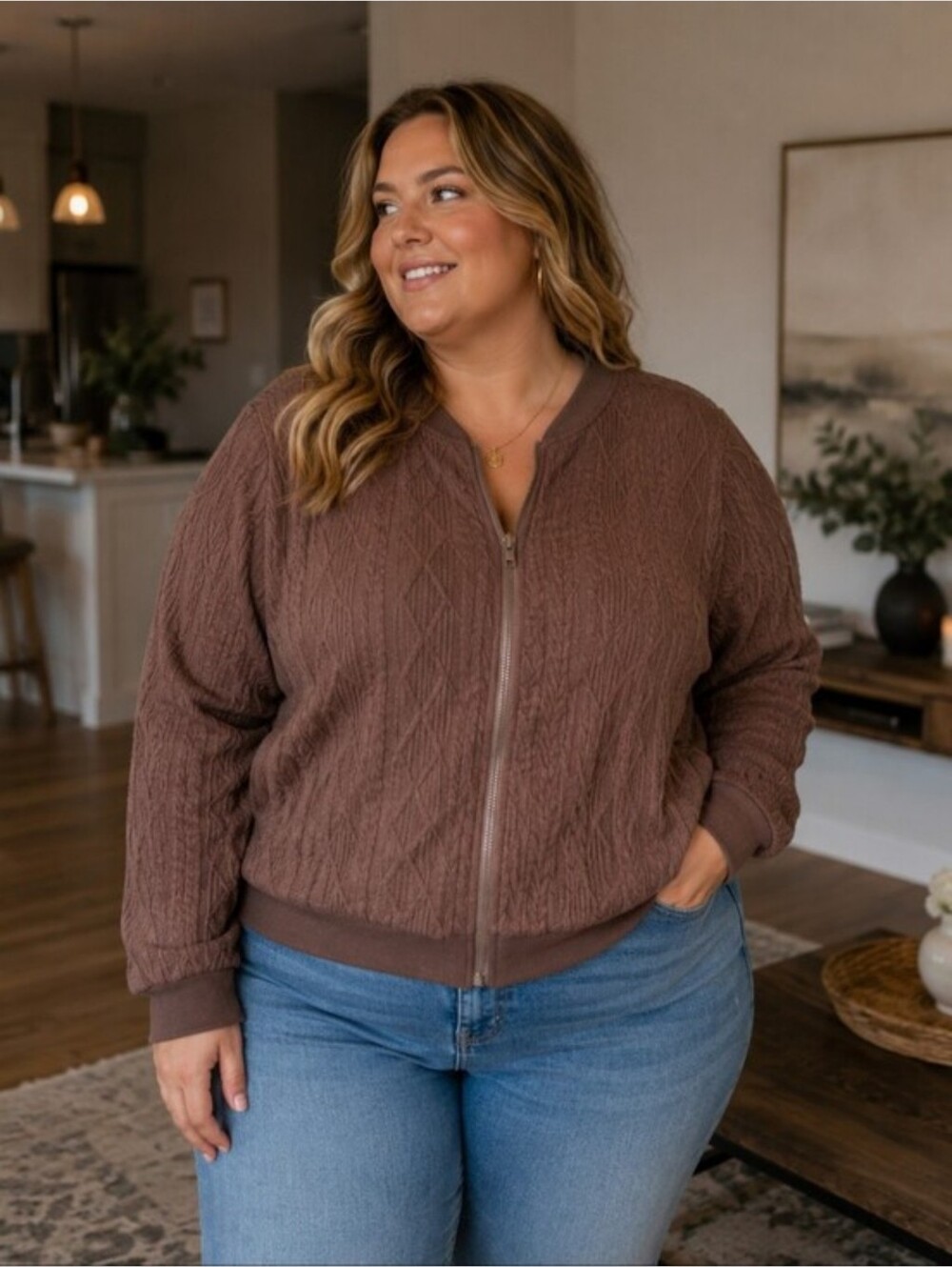 SHEIN Brown Quilted Zip-Up Bomber Jacket - Women
